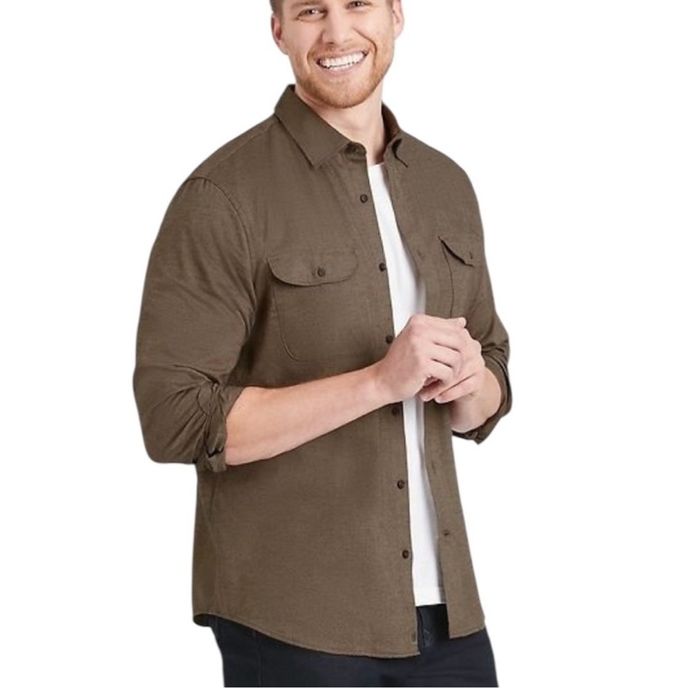 Banana Republic Ultra Soft Flannel Untucked Slim Fit Button Down Shirt, Cocoa, L